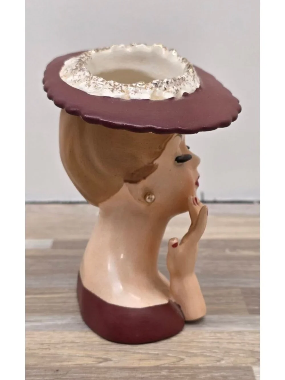 Vintage MCM Ceramic Napcoware Lady Head Figural Vase Planter Maroon 1958 C3343B
